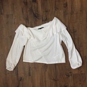 Mink pink off the shoulder white ruffle top